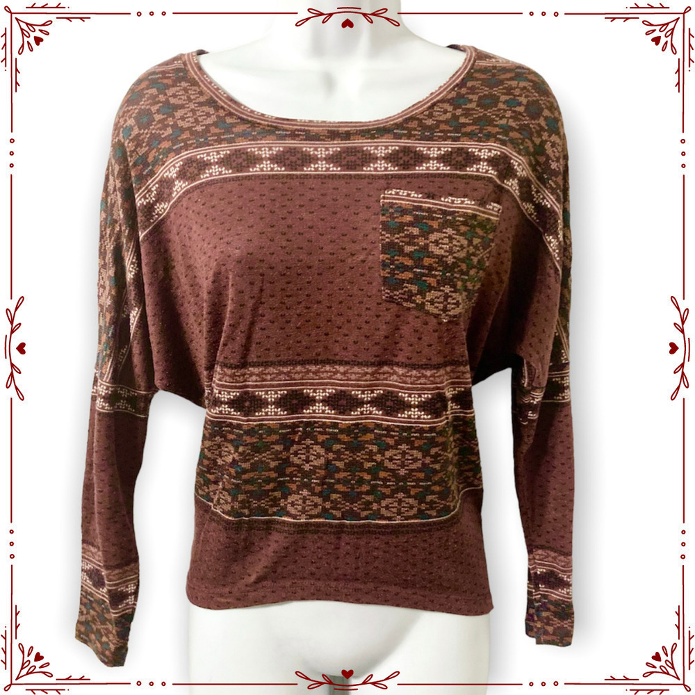 Lily White Burgundy Patterned Top Women's Loose Fit